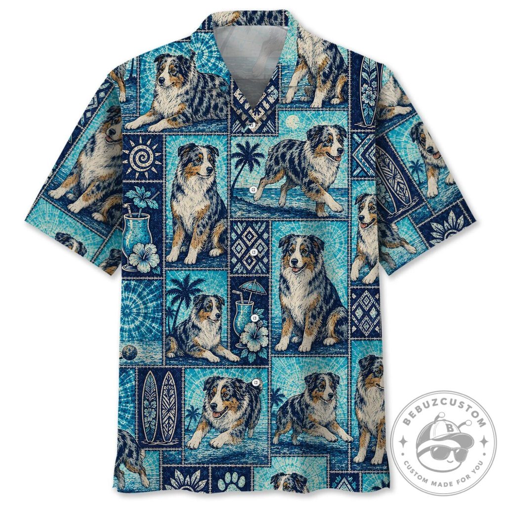 Australian Shepherd Tropical Paradise Blue Hawaiian Shirt Australian Shepherd Tropical Paradise Blue Hawaiian Shirt