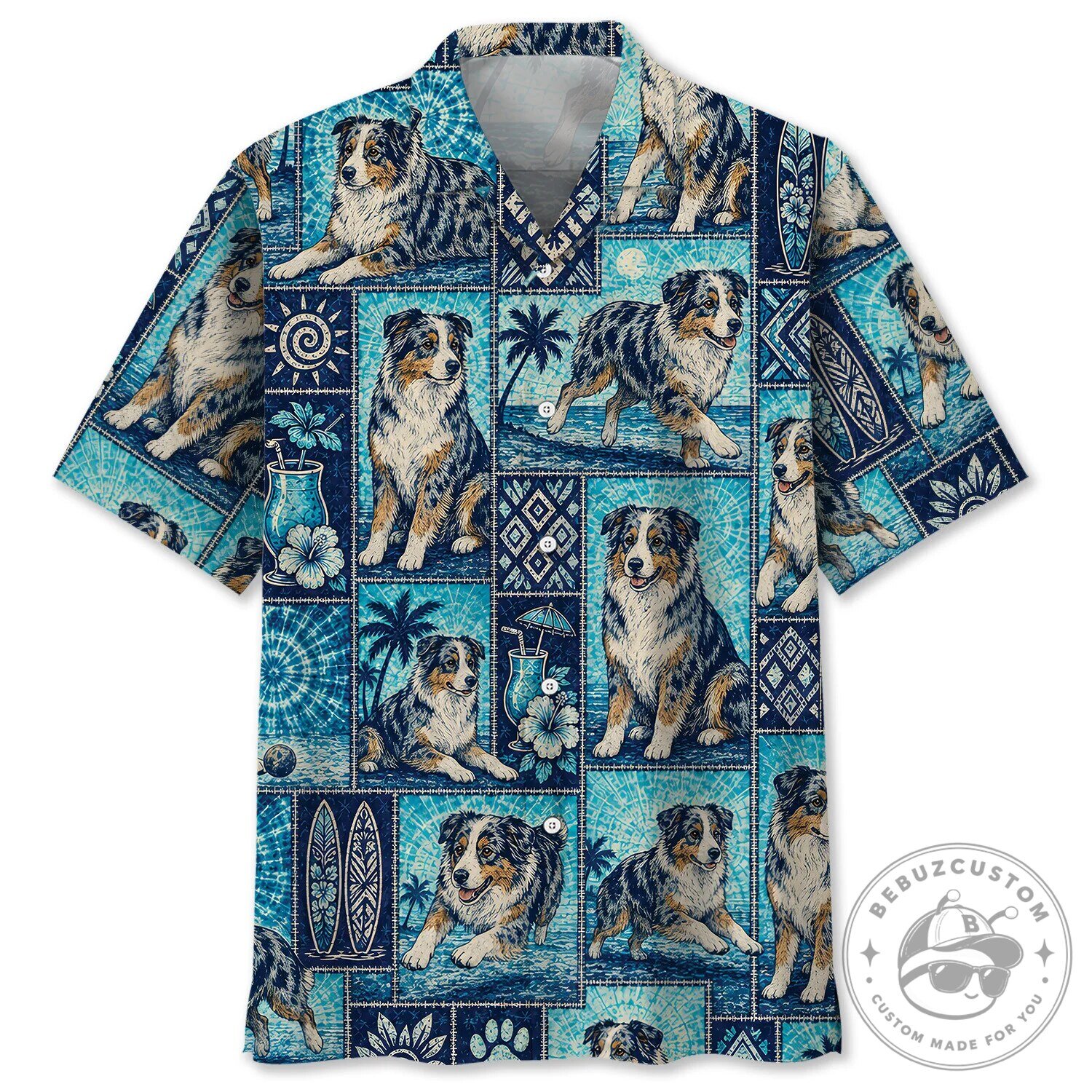 Australian Shepherd Tropical Paradise Blue Hawaiian Shirt