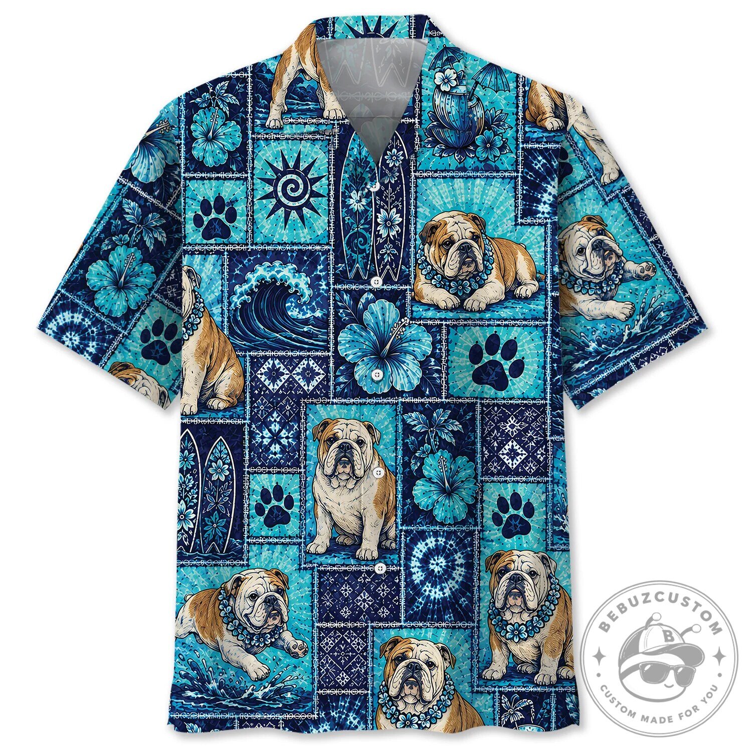 English Bulldog Tropical Paradise Blue Hawaiian Shirt for Men