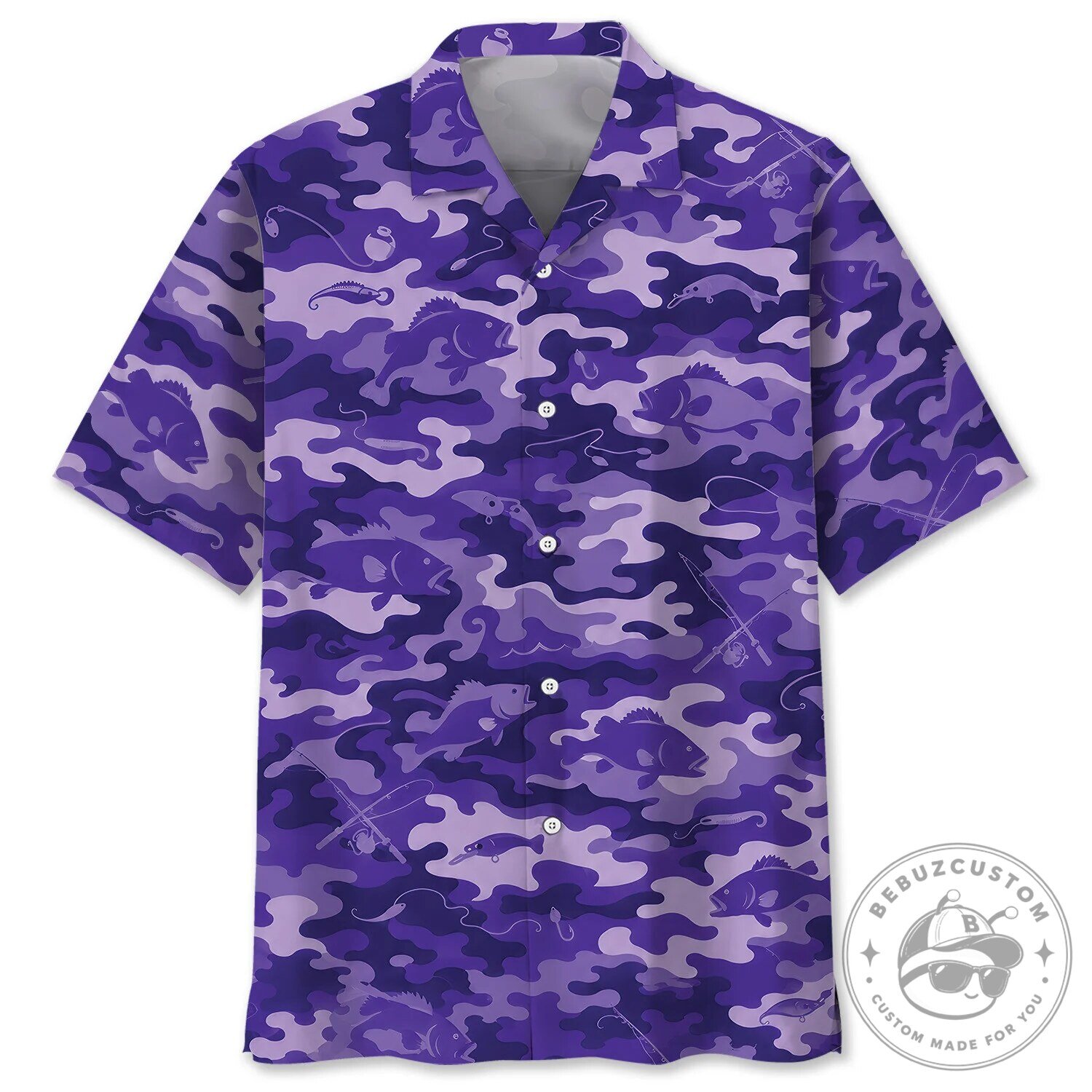 Fishing Purple Camouflage Bass Fish Pattern Hawaiian Shirt