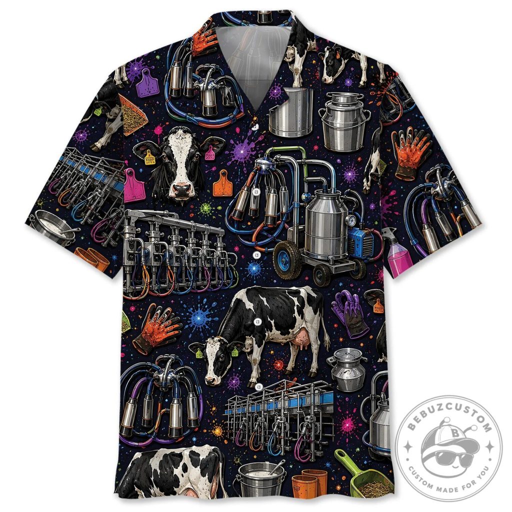 Dairy Farm Worker Milking Equipment and Holstein Cow Hawaiian Shirt Dairy Farm Worker Milking Equipment and Holstein Cow Hawaiian Shirt