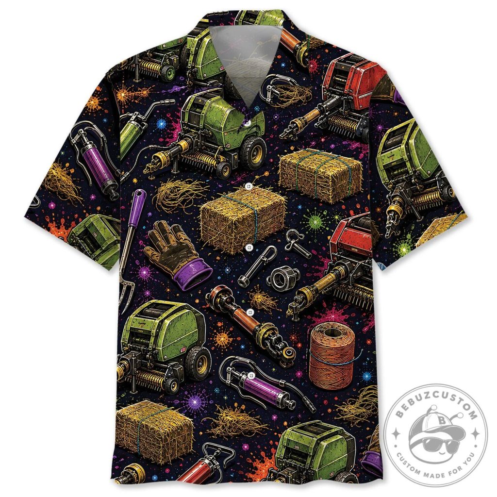 Retro Hay Baler Operator Farming Equipment Colorful Hawaiian Shirt Retro Hay Baler Operator Farming Equipment Colorful Hawaiian Shirt
