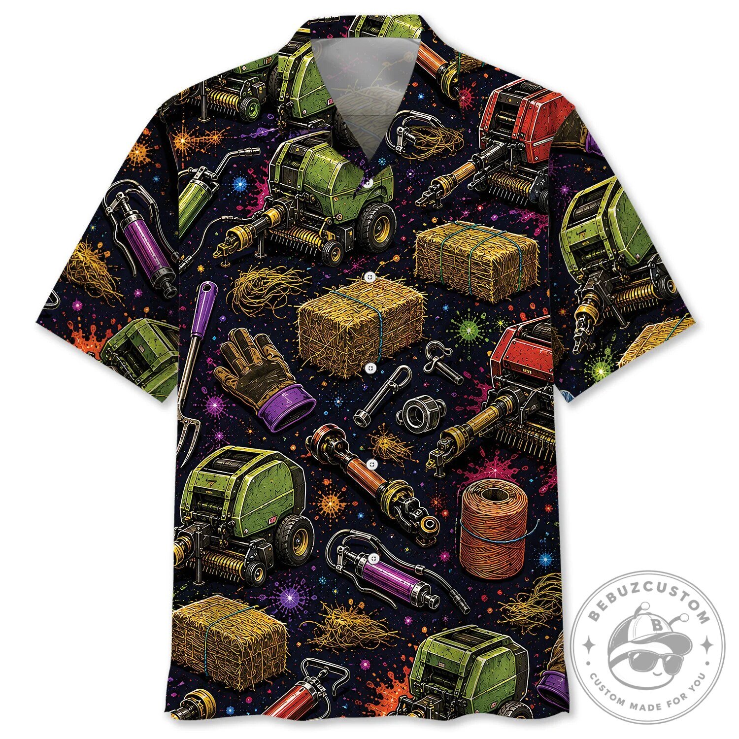 Retro Hay Baler Operator Farming Equipment Colorful Hawaiian Shirt