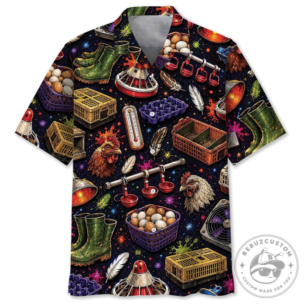 Farm Chicken Poultry Worker Colorful Hawaiian Shirt Farm Chicken Poultry Worker Colorful Hawaiian Shirt
