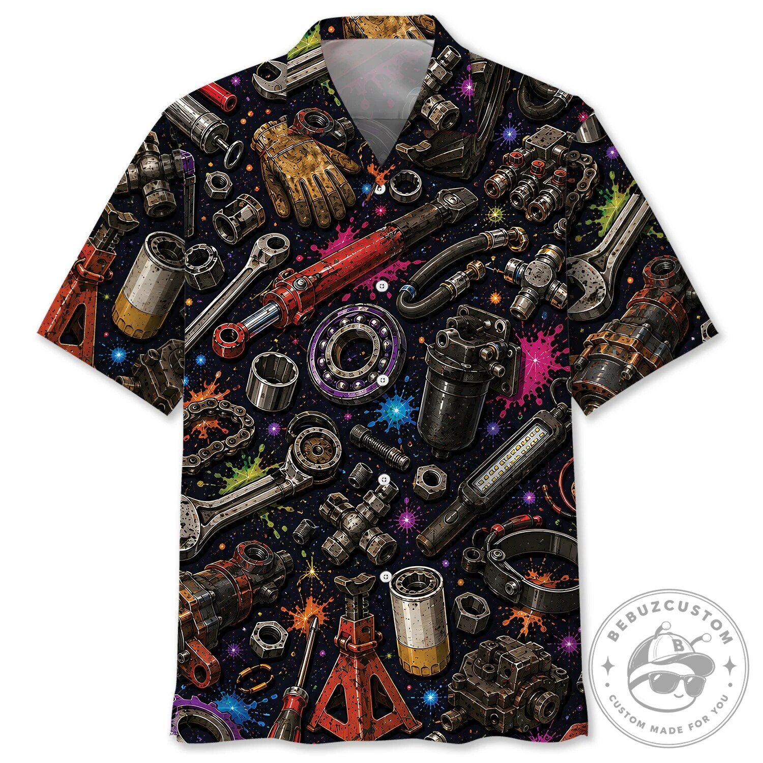 Mechanic Tools and Equipment Colorful Paint Splatter Hawaiian Shirt