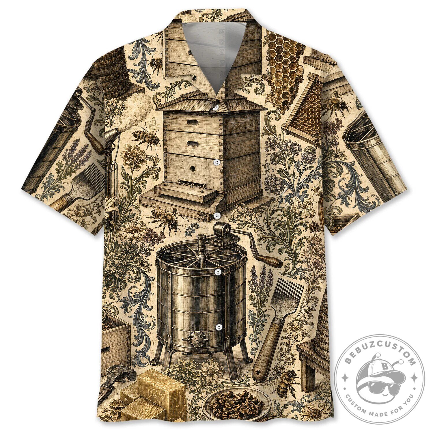 Vintage Beekeeper Honey Bee Hive Floral Hawaiian Shirt