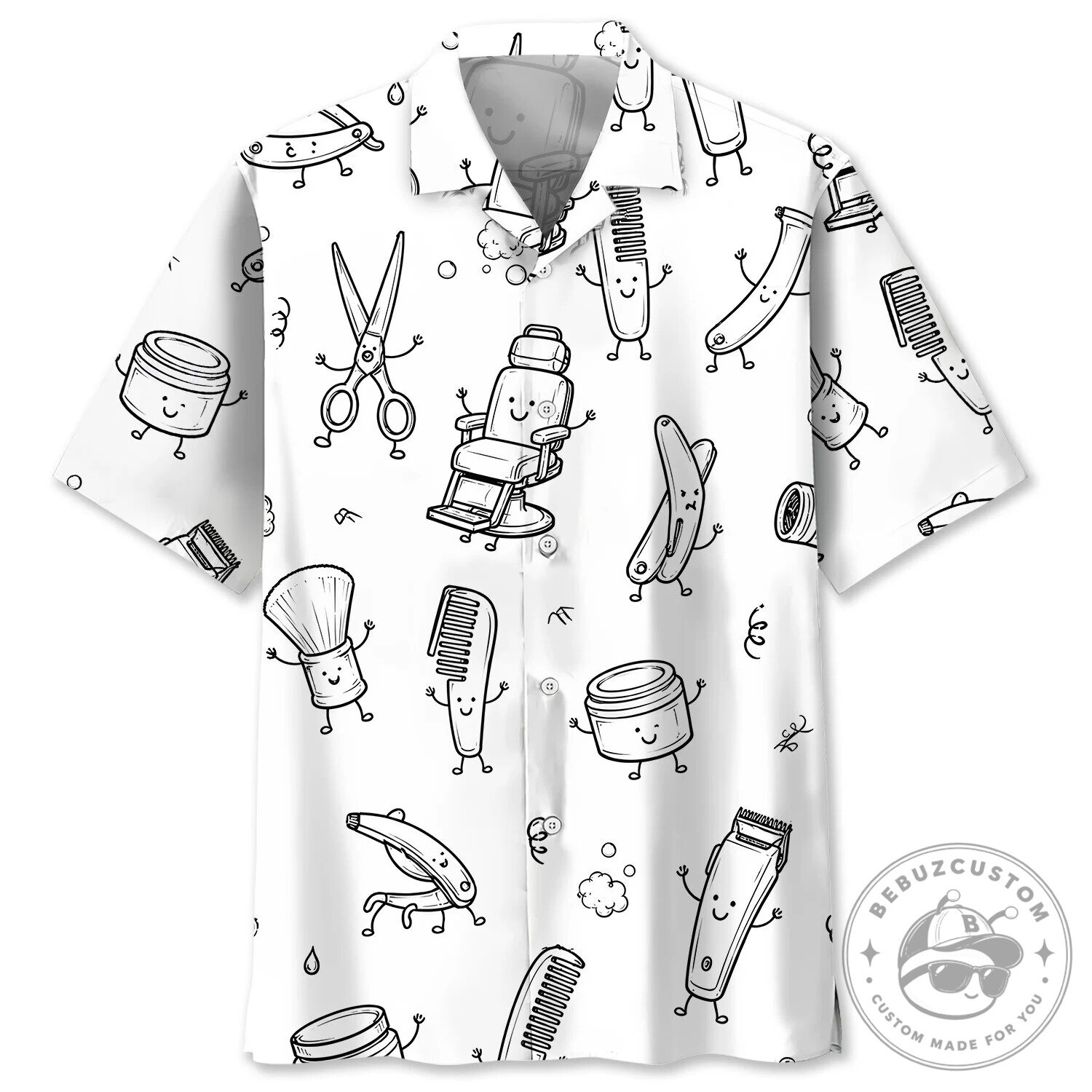 Cute Barber Shop Tools Black and White Pattern Hawaiian Shirt