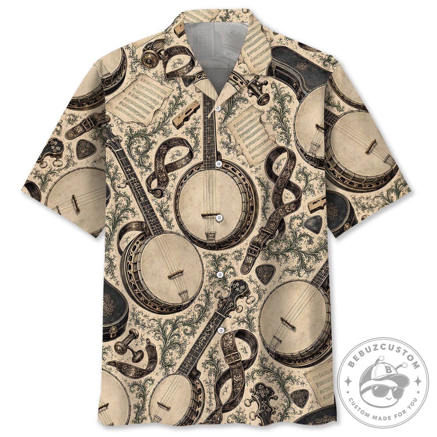 Vintage Banjo Musical Instrument Pattern Hawaiian Shirt