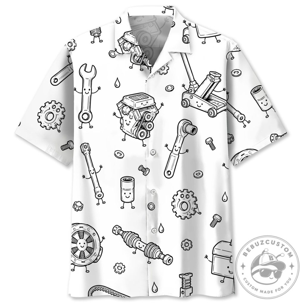 Funny Auto Mechanic Tools Cartoon Pattern White Hawaiian Shirt Funny Auto Mechanic Tools Cartoon Pattern White Hawaiian Shirt