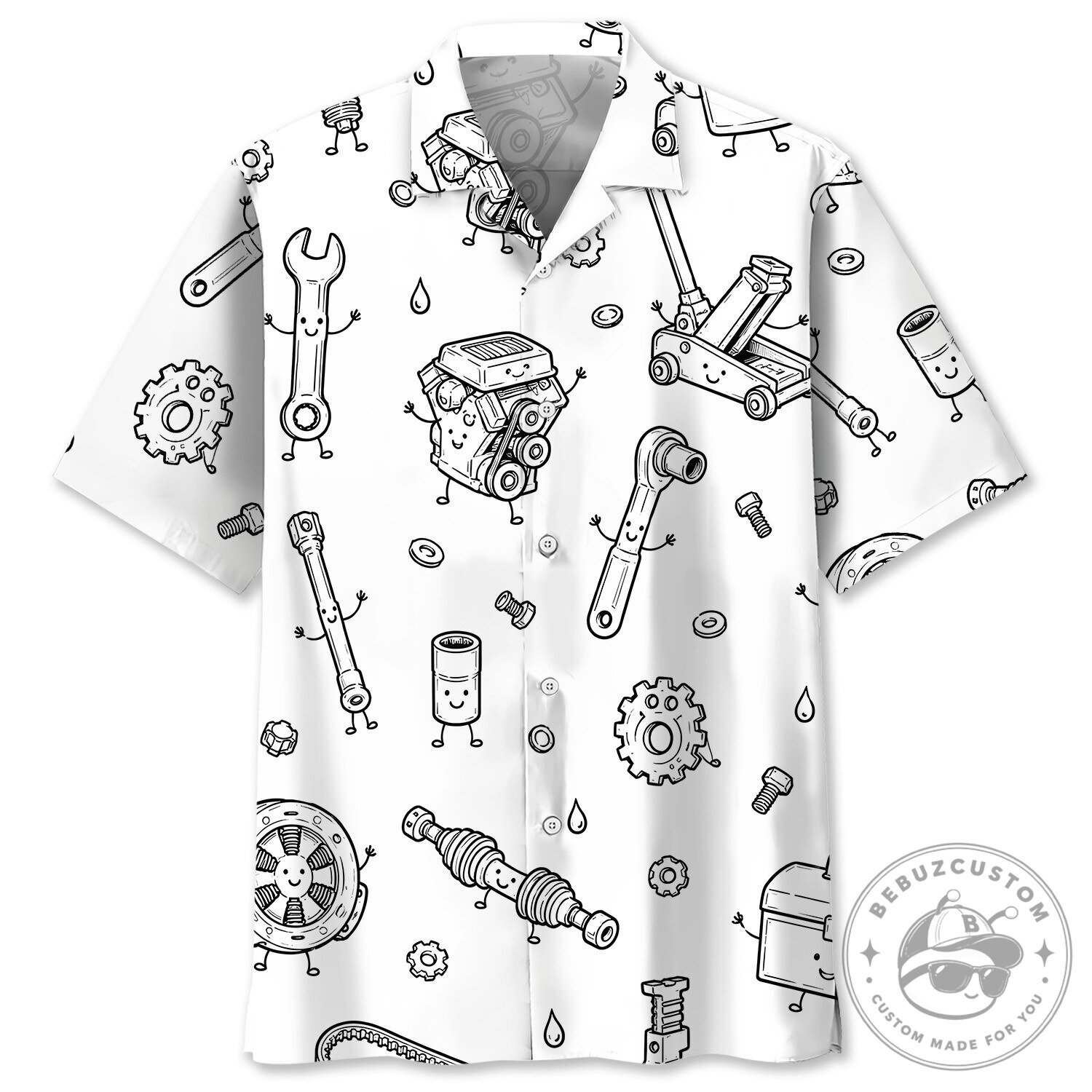 Funny Auto Mechanic Tools Cartoon Pattern White Hawaiian Shirt