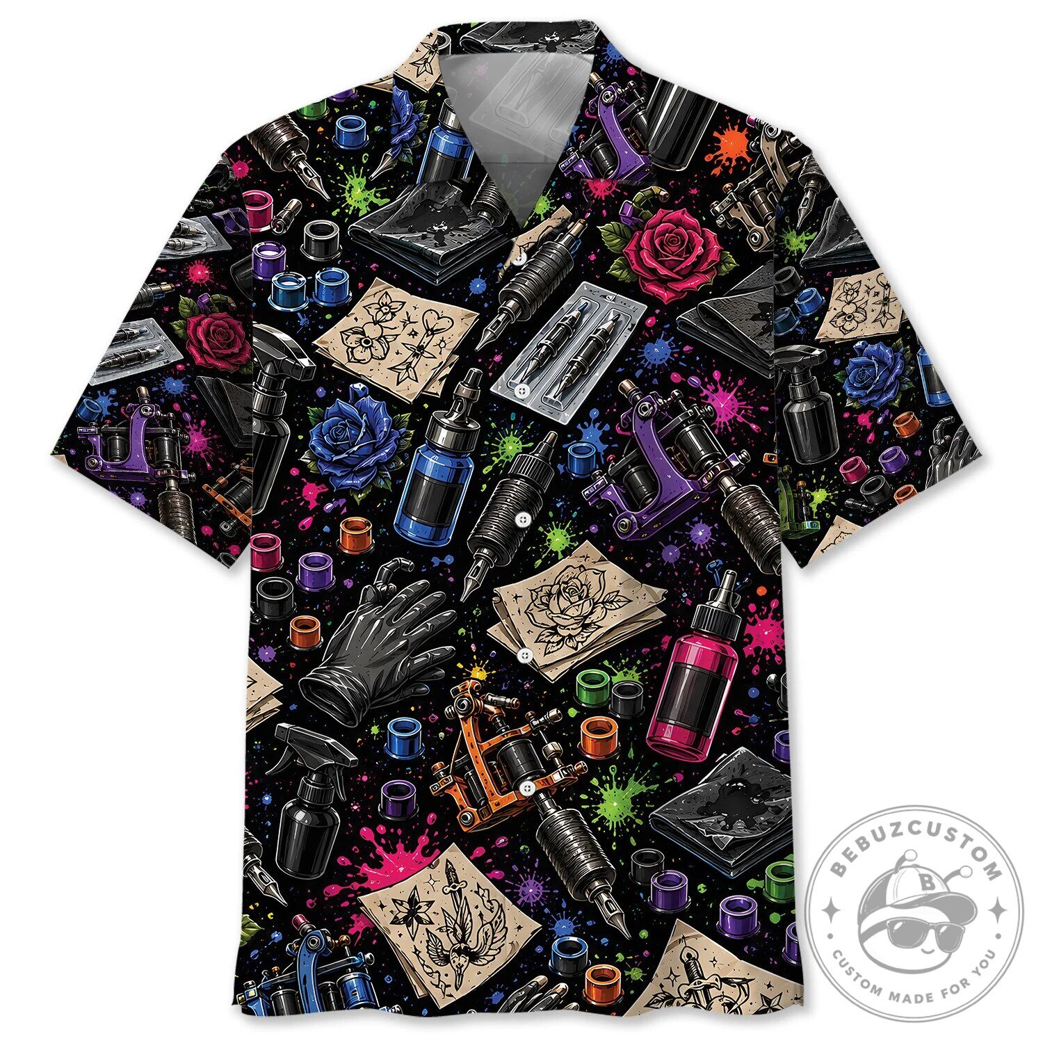 Colorful Tattoo Artist Tools and Roses Black Hawaiian Shirt