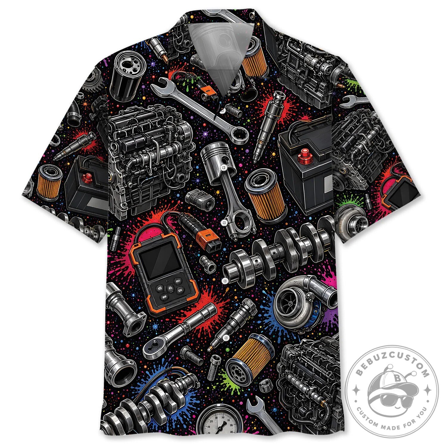 Automotive Mechanic Tools Diesel Engine Parts Colorful Hawaiian Shirt