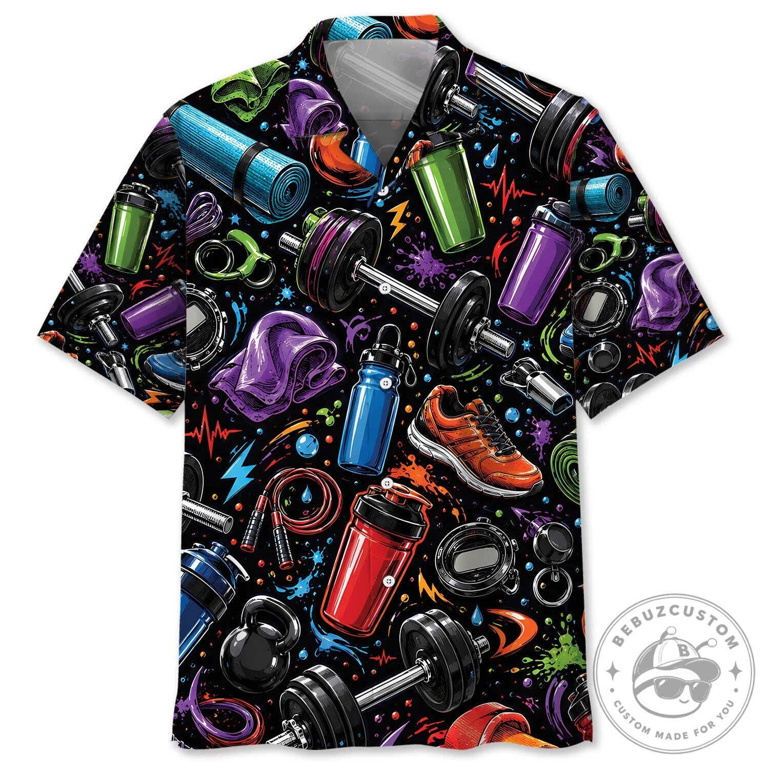 Retro Fitness Equipment Pattern Black Background Hawaiian Shirt