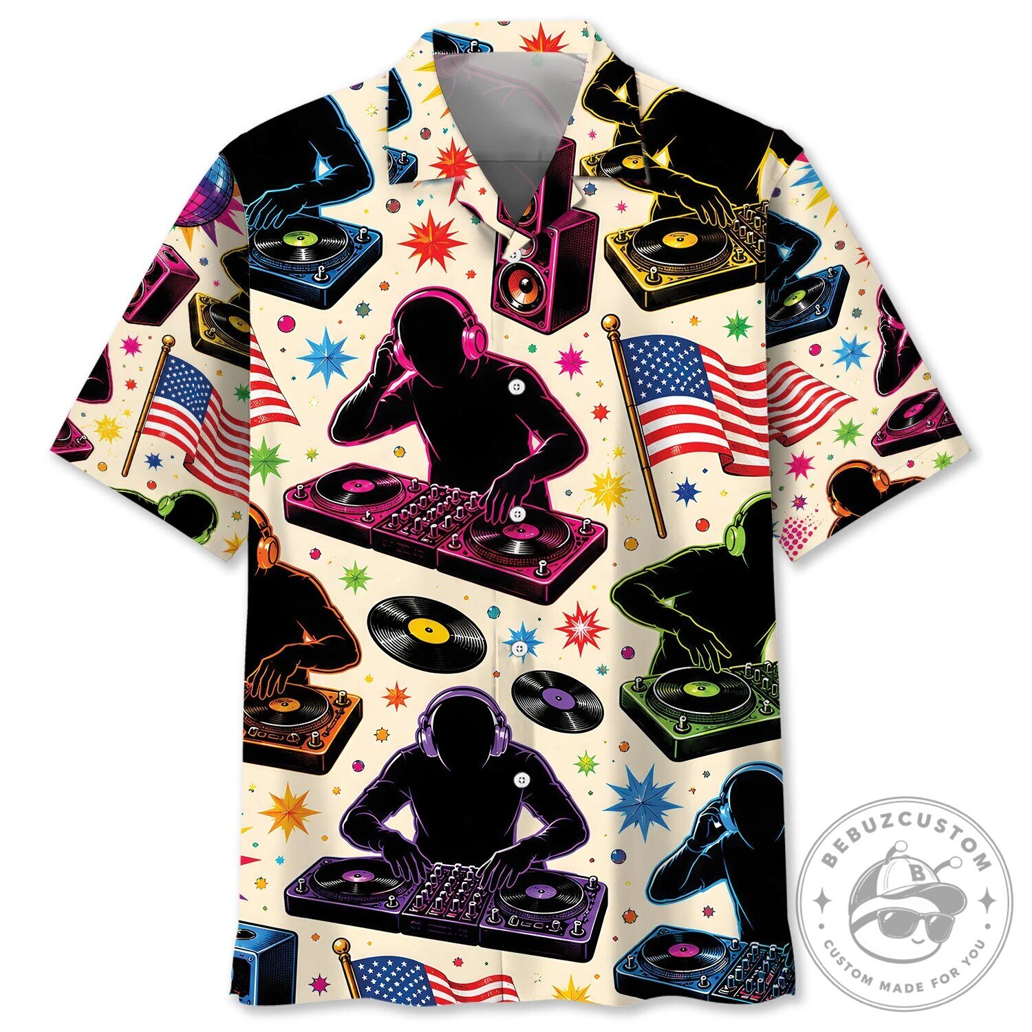 Colorful DJ Turntable Music Mixer American Flag Hawaiian Shirt