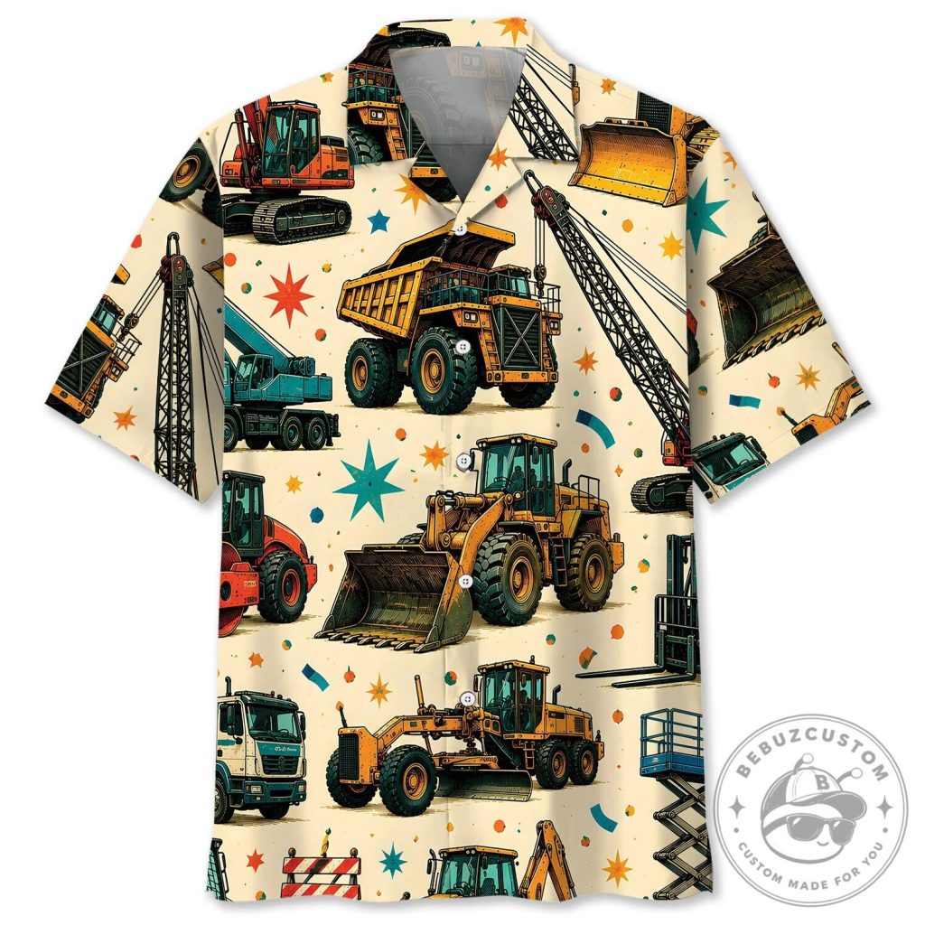 Hawaiian Shirt Featuring Heavy Equipment Operator and Construction Vehicles