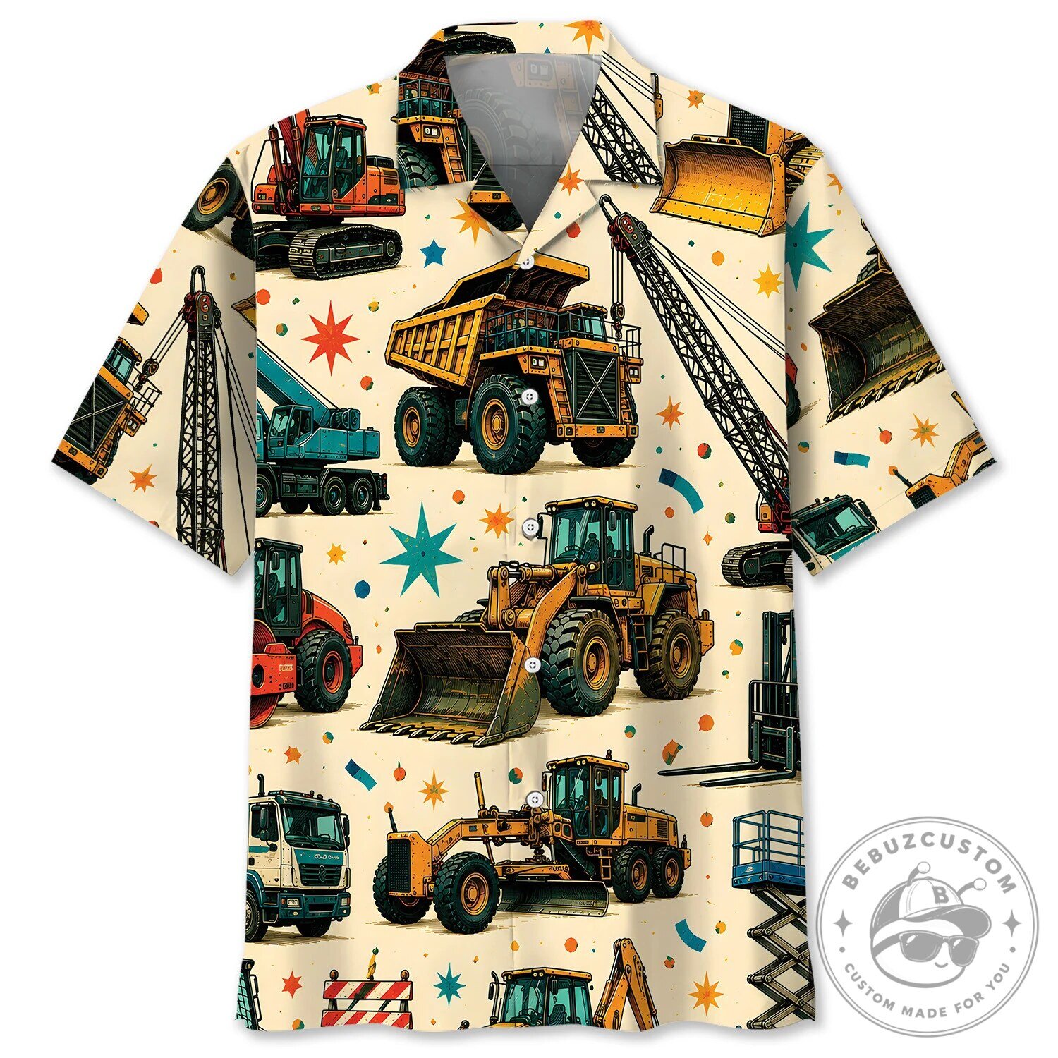 Hawaiian Shirt Featuring Heavy Equipment Operator and Construction Vehicles