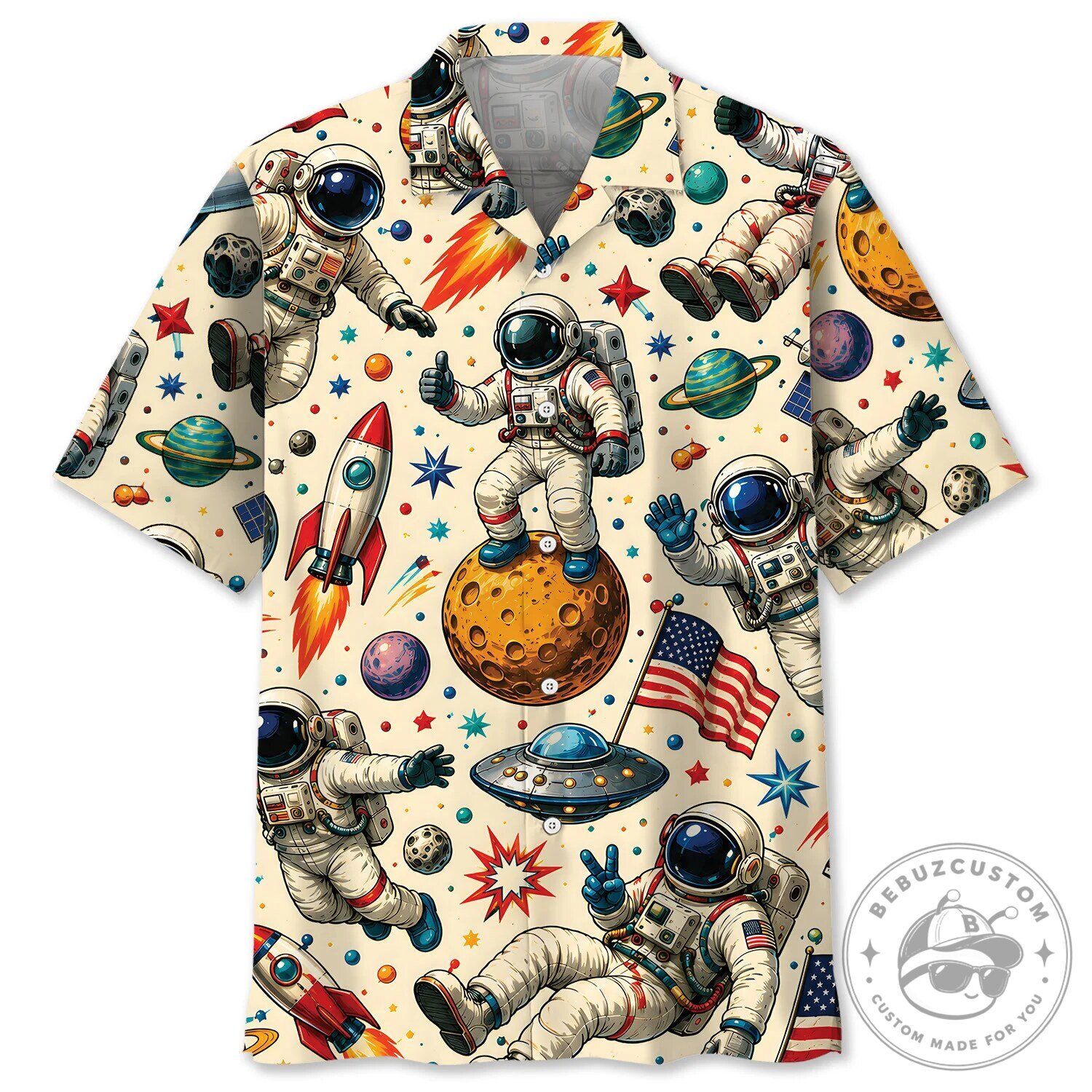 Astronauts in Space with Planets and Rockets Hawaiian Shirt