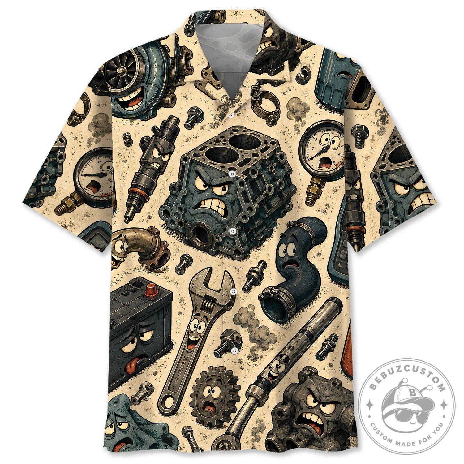 Funny Car Engine Parts Cartoon Hawaiian Shirt for Diesel Mechanic