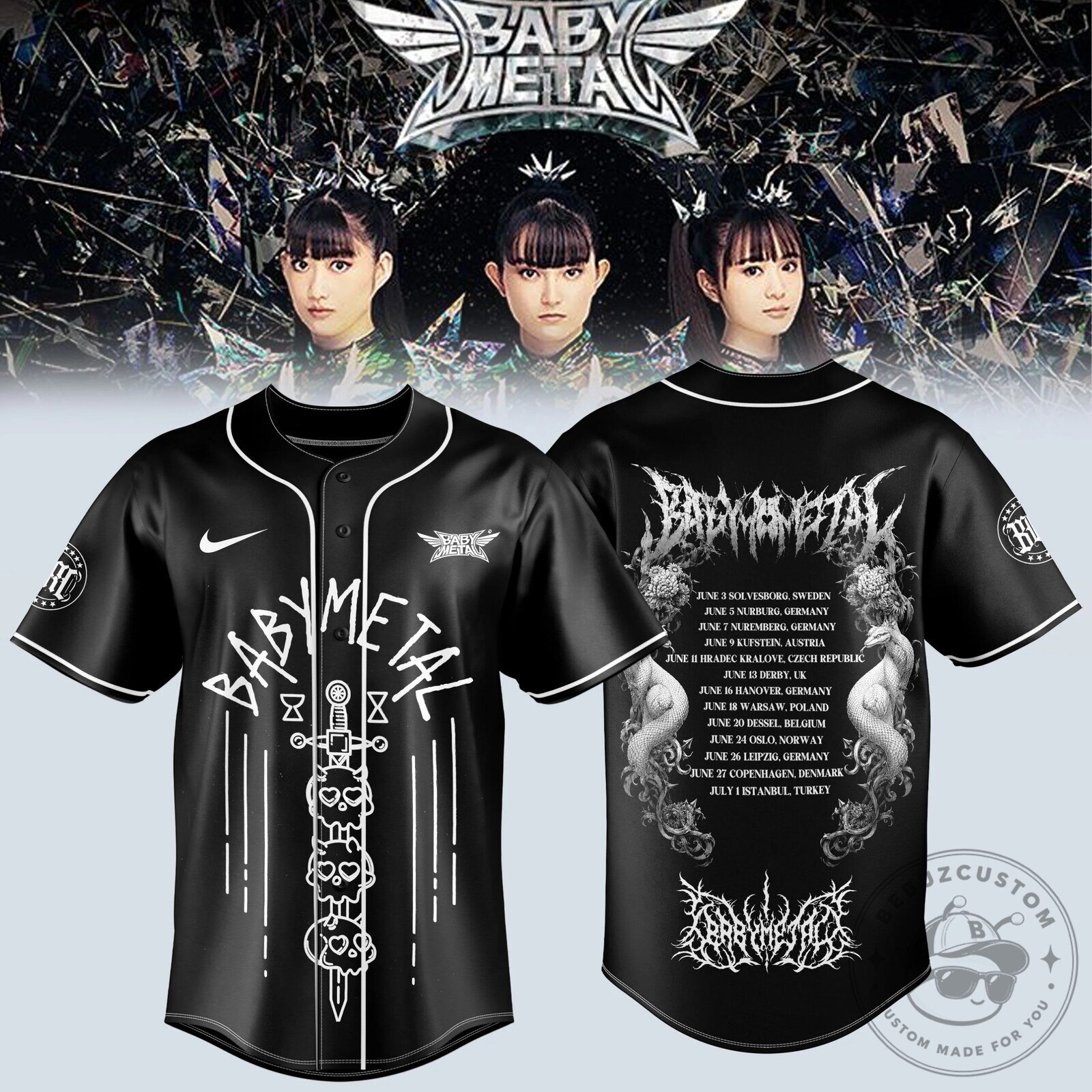 Babymetal World Tour 2026 Black Baseball Jersey with Tour Dates 5 Babymetal World Tour 2026 Black Baseball Jersey with Tour Dates