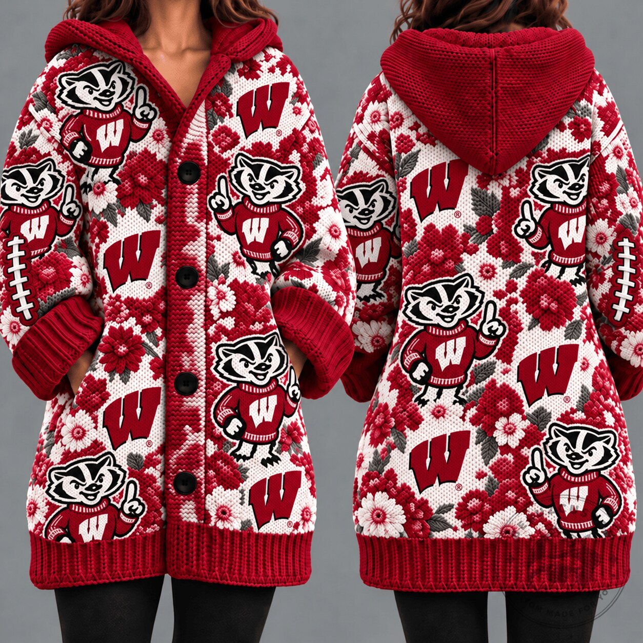 Wisconsin Badgers Floral Print Hooded Cardigan Sweater for Women