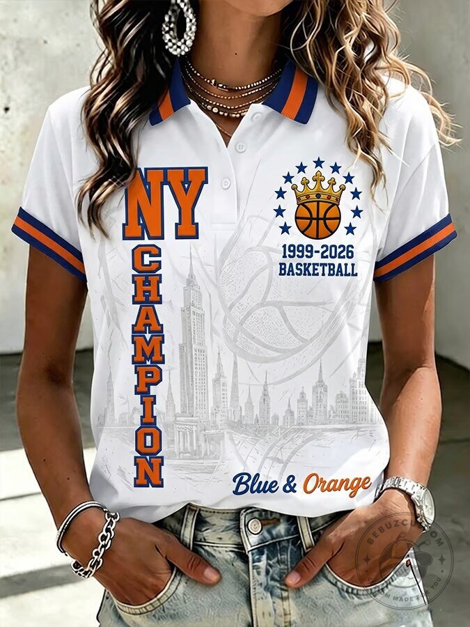 New York Champion Basketball Blue and Orange Women's Polo Shirt