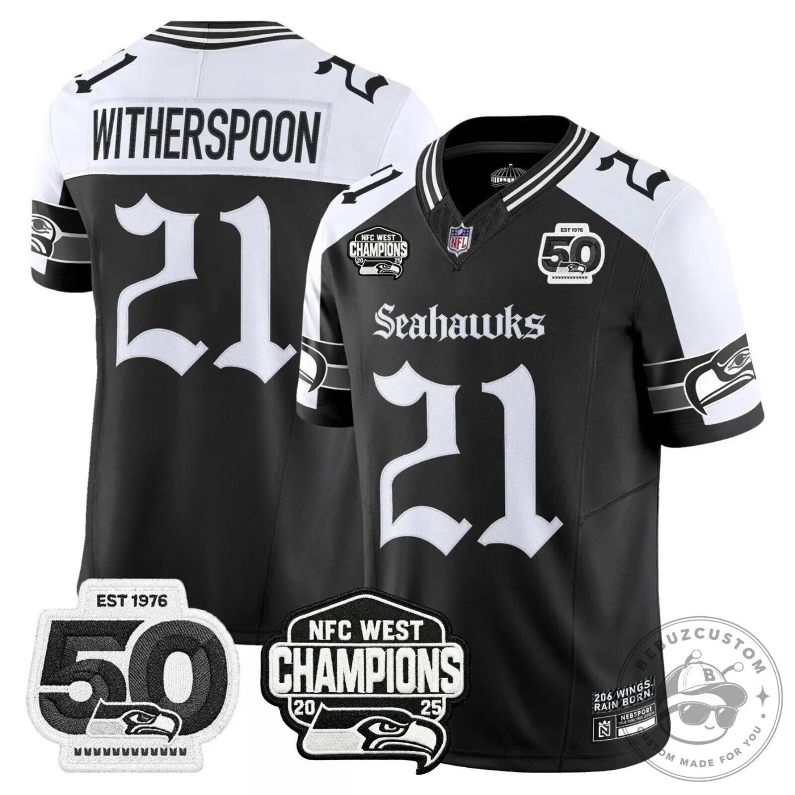 NFC West Champions Seattle Seahawks Jaxon Smith-Njigba Number 11 Black Football Jersey 34 NFC West Champions Seattle Seahawks Jaxon Smith-Njigba Number 11 Black Football Jersey