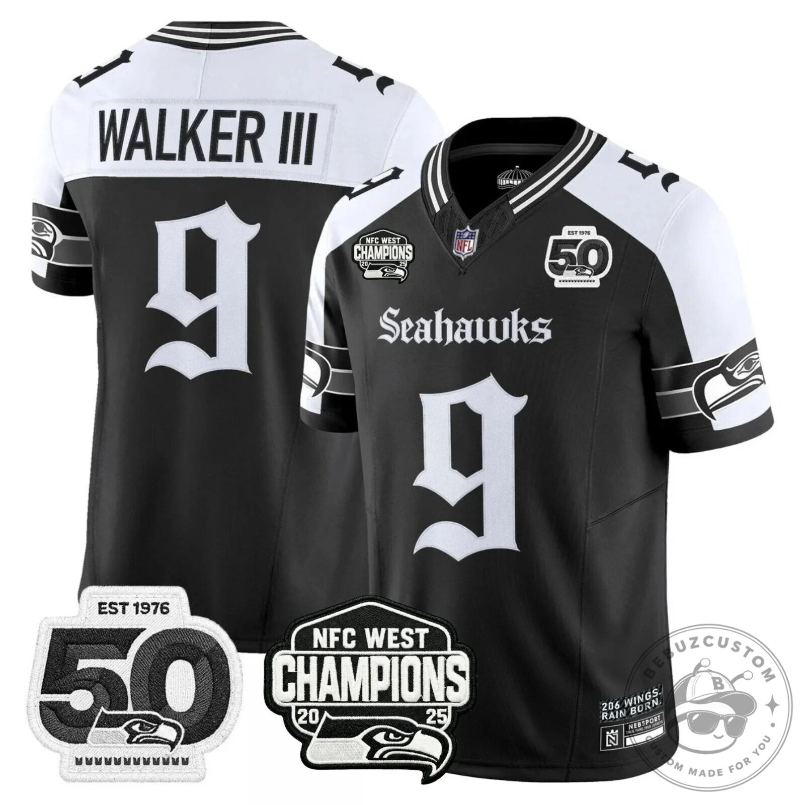 NFC West Champions Seattle Seahawks Jaxon Smith-Njigba Number 11 Black Football Jersey 38 NFC West Champions Seattle Seahawks Jaxon Smith-Njigba Number 11 Black Football Jersey