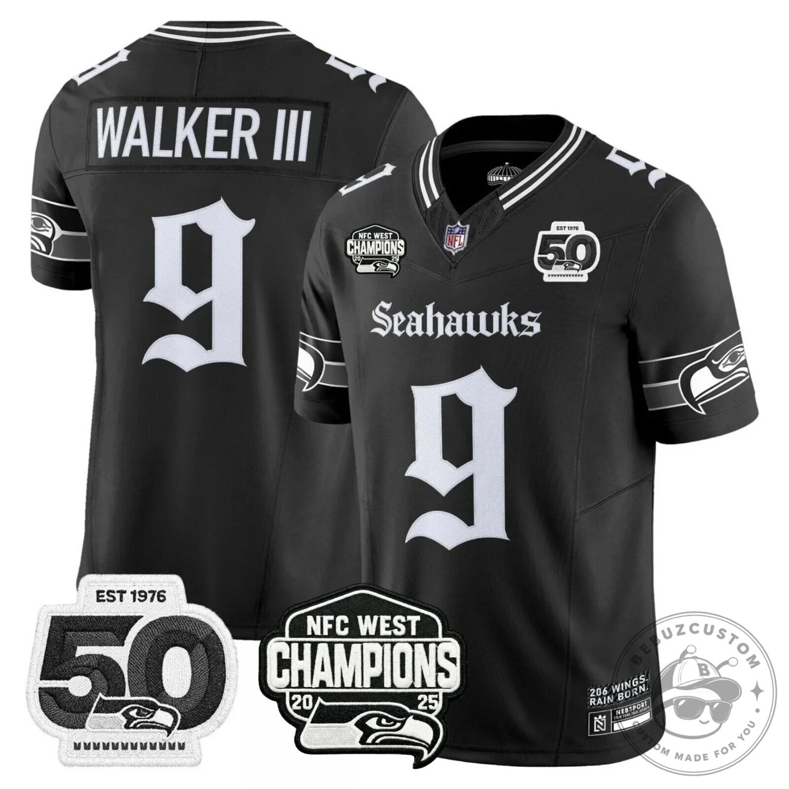 NFC West Champions Seattle Seahawks Jaxon Smith-Njigba Number 11 Black Football Jersey 40 NFC West Champions Seattle Seahawks Jaxon Smith-Njigba Number 11 Black Football Jersey