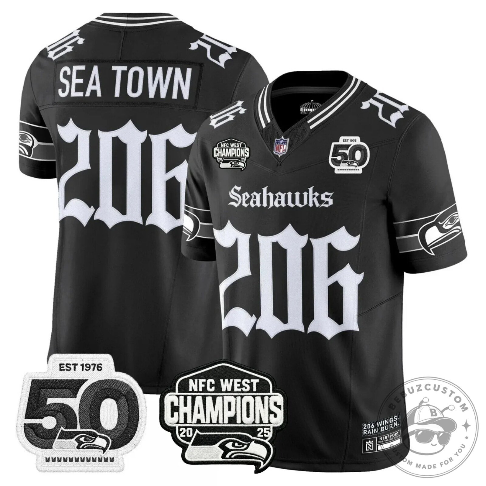 NFC West Champions Seattle Seahawks Jaxon Smith-Njigba Number 11 Black Football Jersey 42 NFC West Champions Seattle Seahawks Jaxon Smith-Njigba Number 11 Black Football Jersey