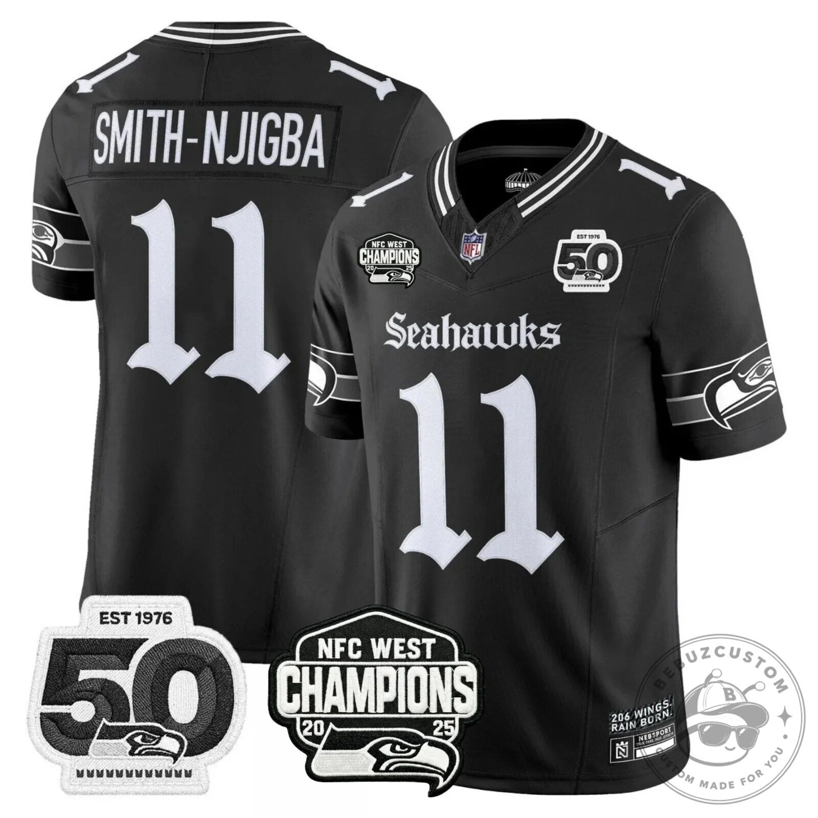 NFC West Champions Seattle Seahawks Jaxon Smith-Njigba Number 11 Black Football Jersey 44 NFC West Champions Seattle Seahawks Jaxon Smith-Njigba Number 11 Black Football Jersey