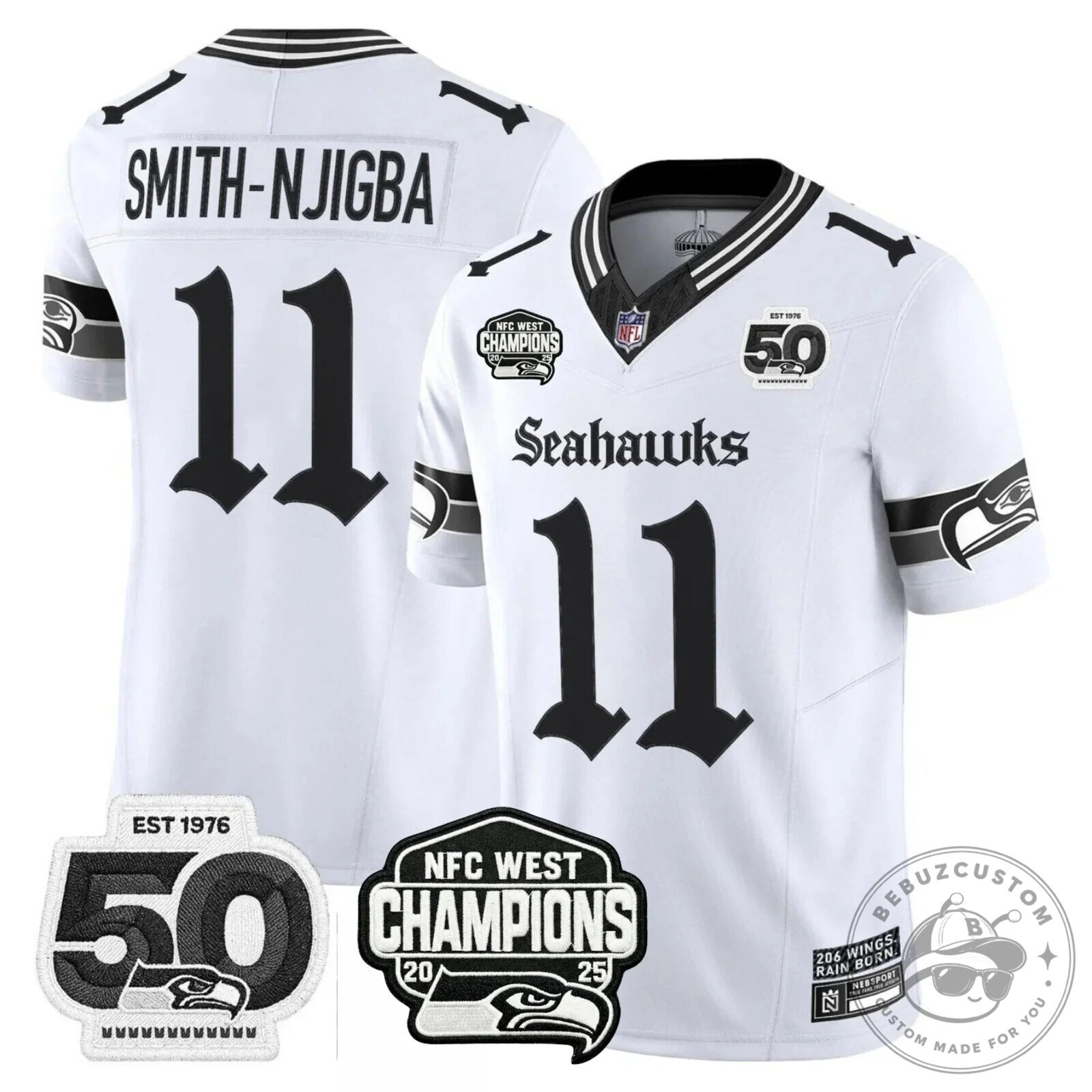 NFC West Champions Seattle Seahawks Jaxon Smith-Njigba Number 11 Black Football Jersey 50 NFC West Champions Seattle Seahawks Jaxon Smith-Njigba Number 11 Black Football Jersey