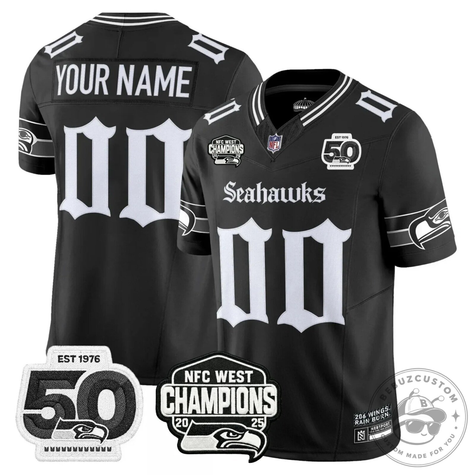 NFC West Champions Seattle Seahawks Jaxon Smith-Njigba Number 11 Black Football Jersey 58 NFC West Champions Seattle Seahawks Jaxon Smith-Njigba Number 11 Black Football Jersey