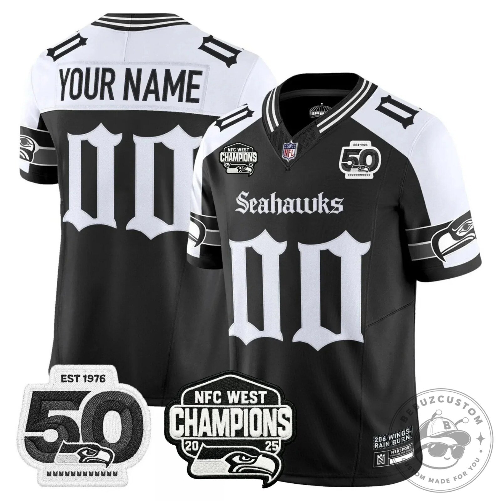 NFC West Champions Seattle Seahawks Jaxon Smith-Njigba Number 11 Black Football Jersey 59 NFC West Champions Seattle Seahawks Jaxon Smith-Njigba Number 11 Black Football Jersey