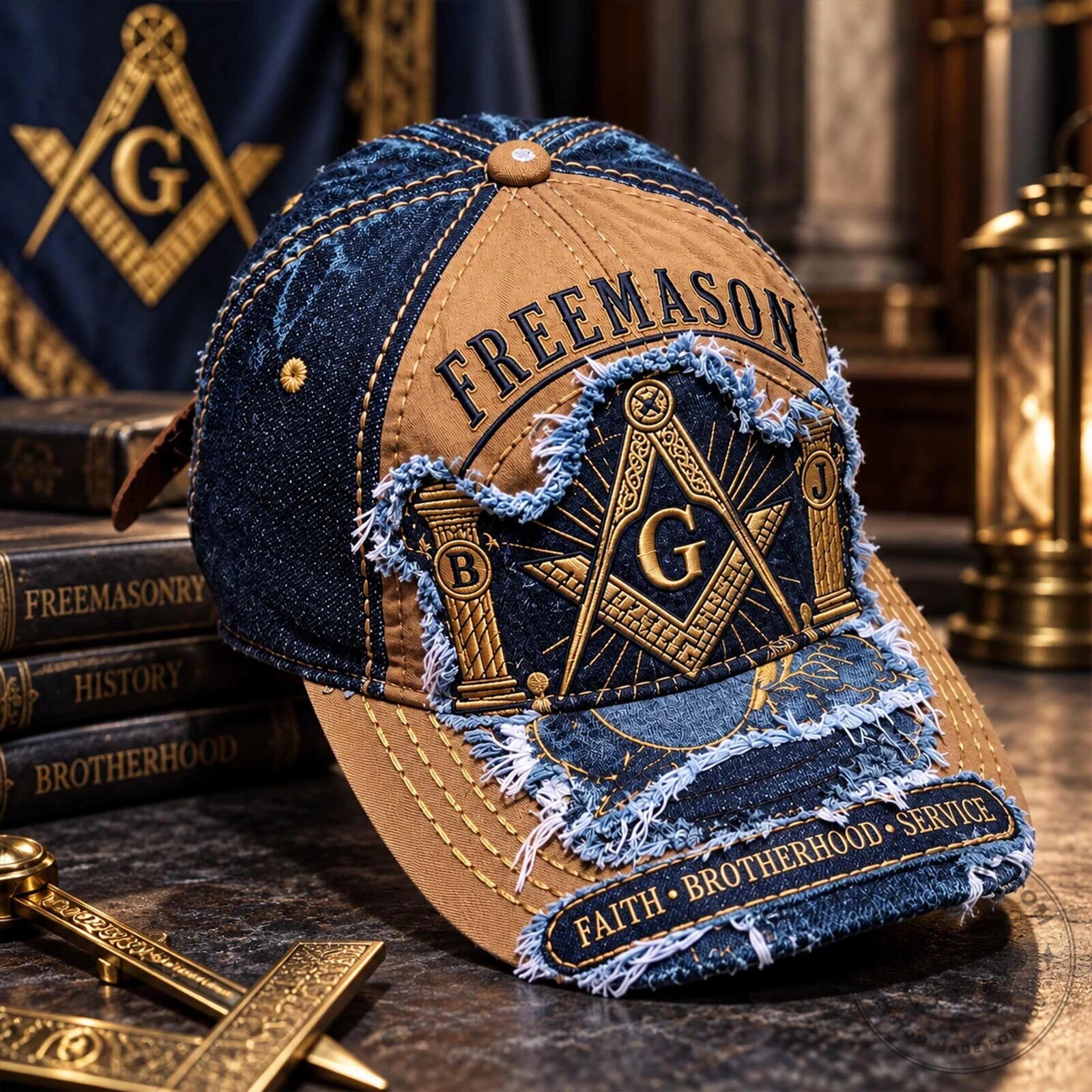 Freemason Faith Brotherhood Service Embroidered Denim Baseball Cap Hat