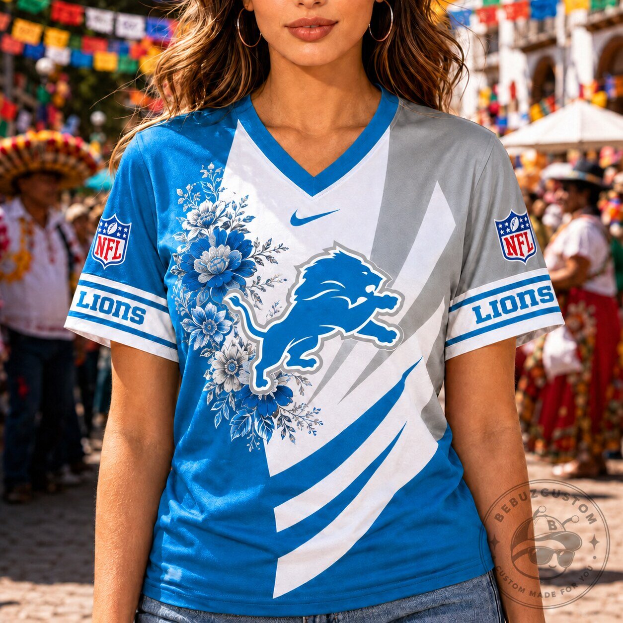 Detroit Lions Football Floral NFL Team V-Neck T-Shirt for Women