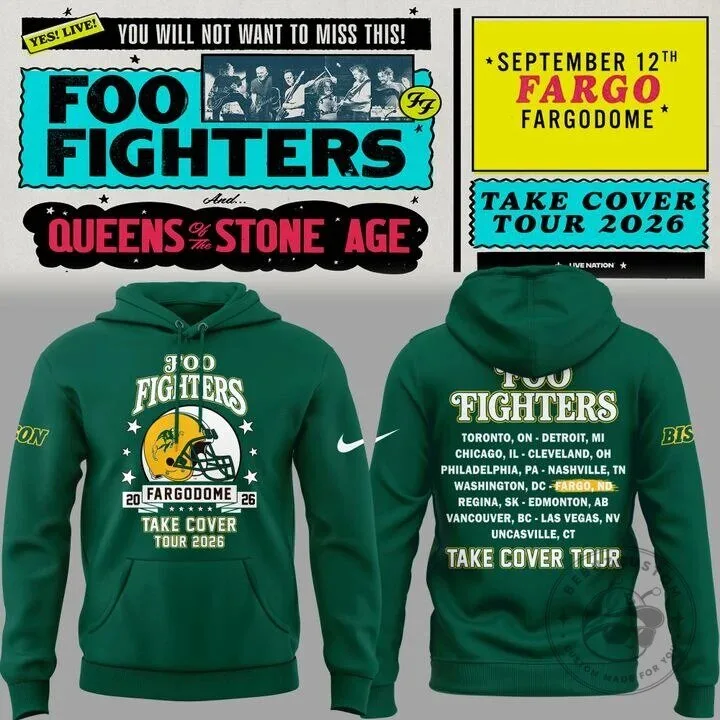 Green Hoodie for Foo Fighters' 2026 Take Cover Tour at Fargodome in Fargo, ND