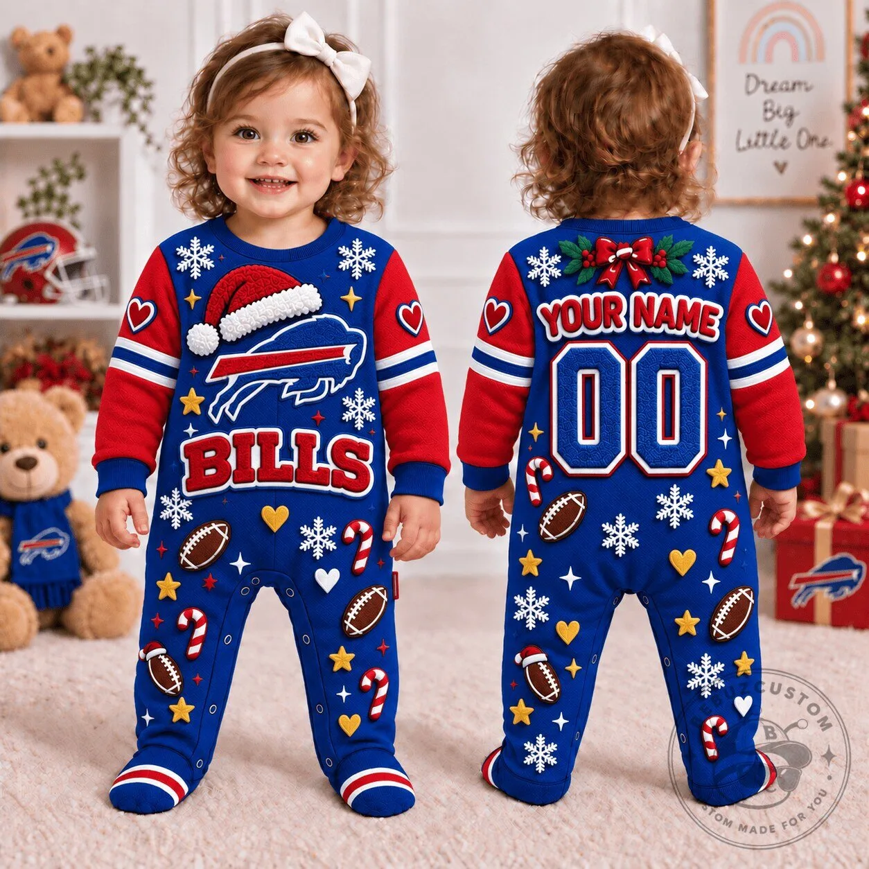 Buffalo Bills NFL Christmas Baby Footed Onesie Pajamas Custom Name Number
