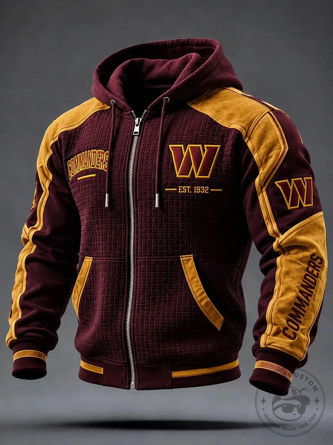 Washington Commanders Football Team Maroon and Gold Quilted Hoodie Jacket