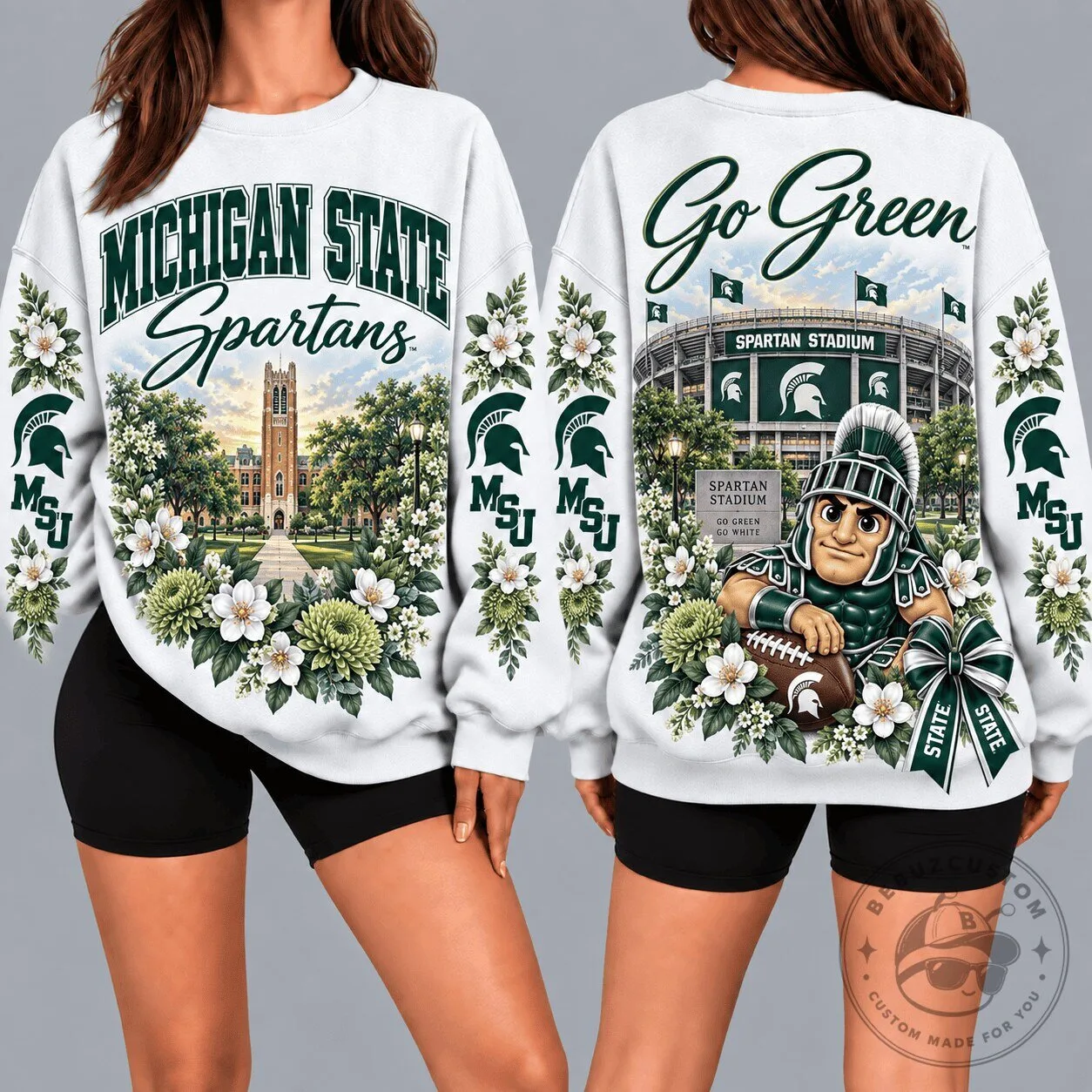 Michigan State Spartans Floral Go Green Spartan Stadium White Sweatshirt