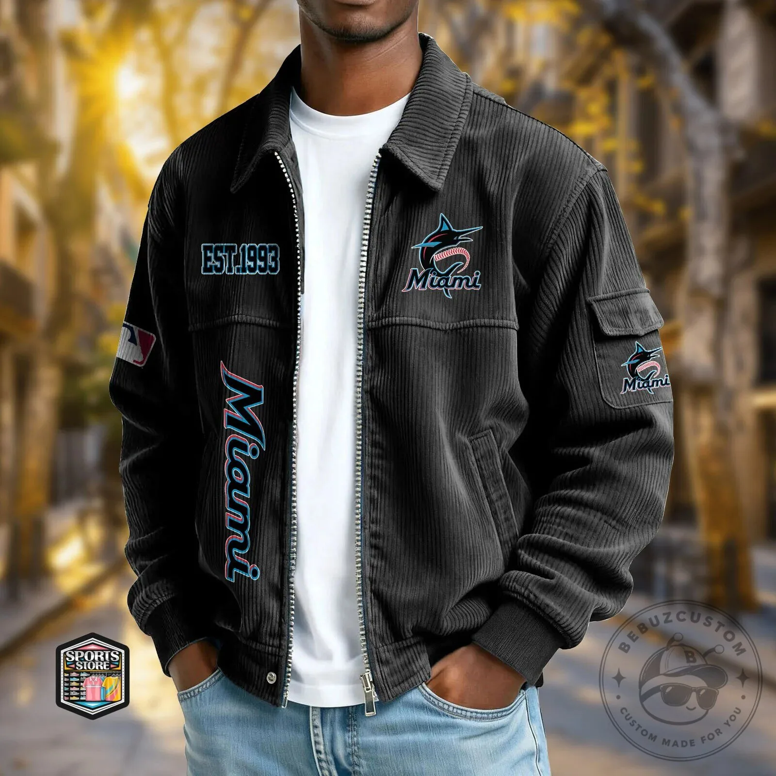 Miami Marlins Established 1993 Corduroy Full-Zip Bomber Jacket
