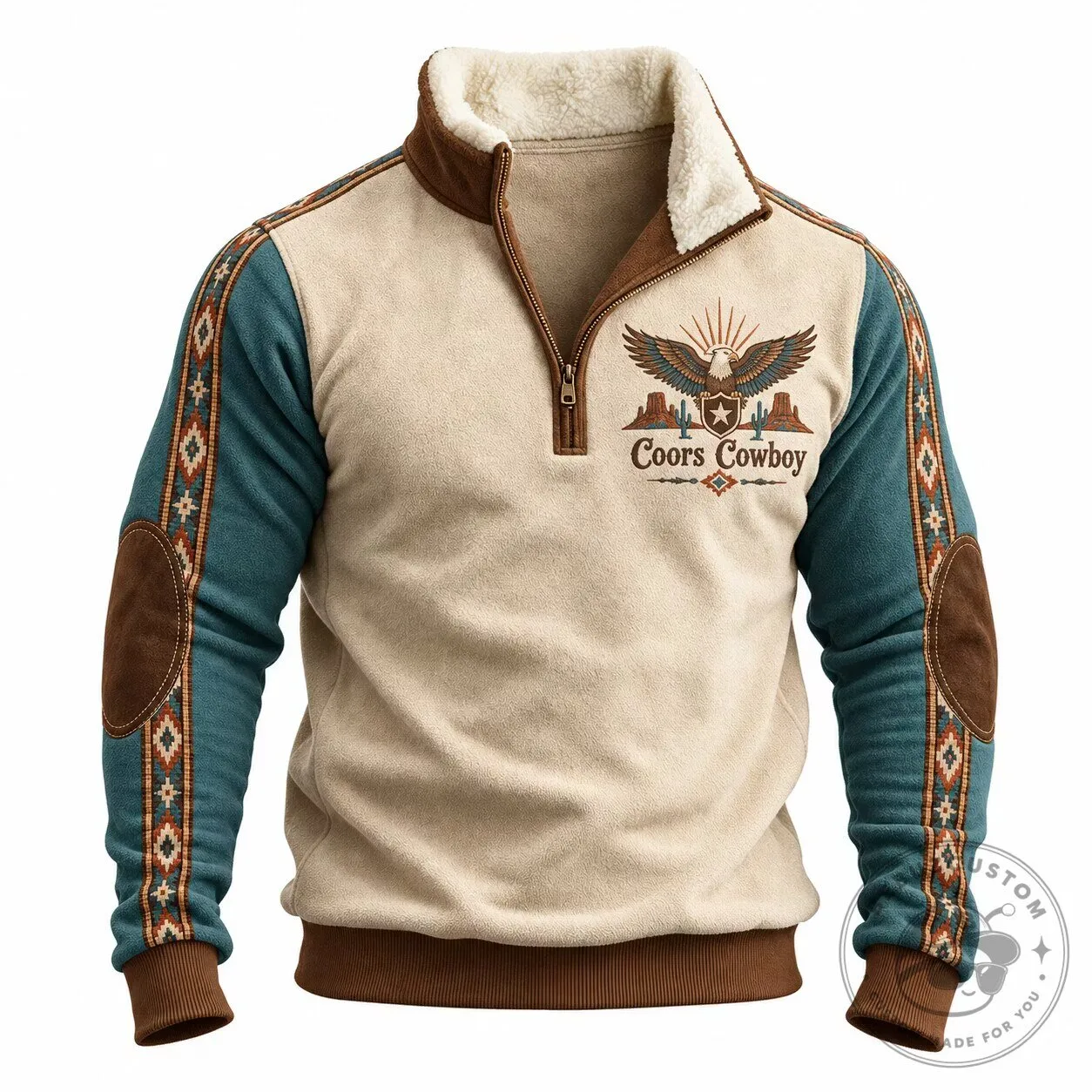 Coors Cowboy Western Eagle Half-Zip Faux Fur Collar Sweatshirt