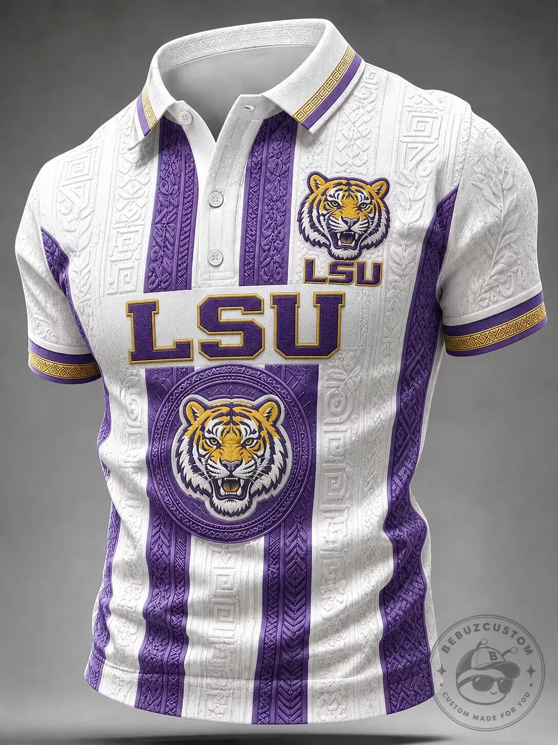 Louisiana State University Tigers Purple and Gold Striped Pattern Polo Shirt 1 Louisiana State University Tigers Purple and Gold Striped Pattern Polo Shirt