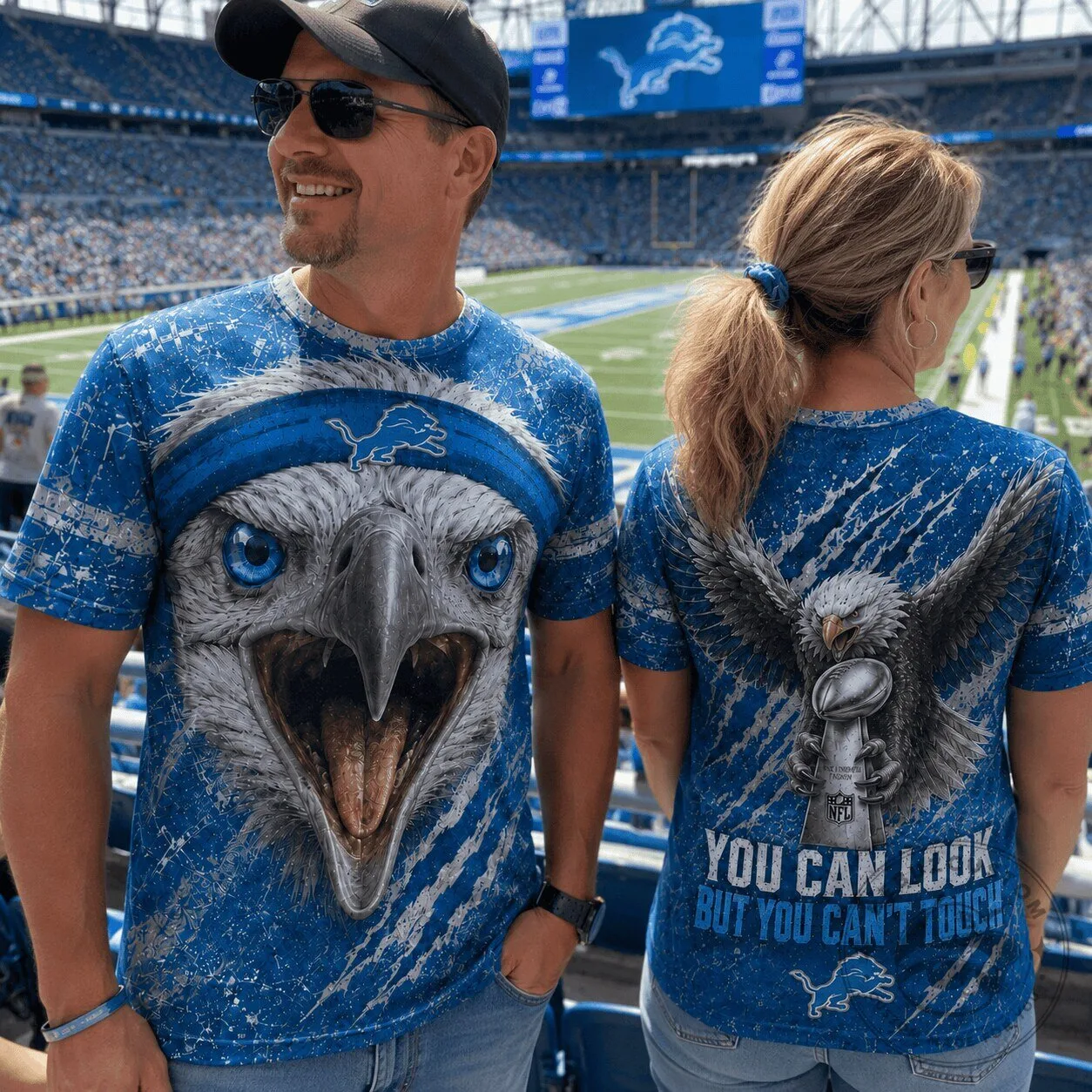 Detroit Lions Football Aggressive Eagle Championship Trophy Graphic T-Shirt