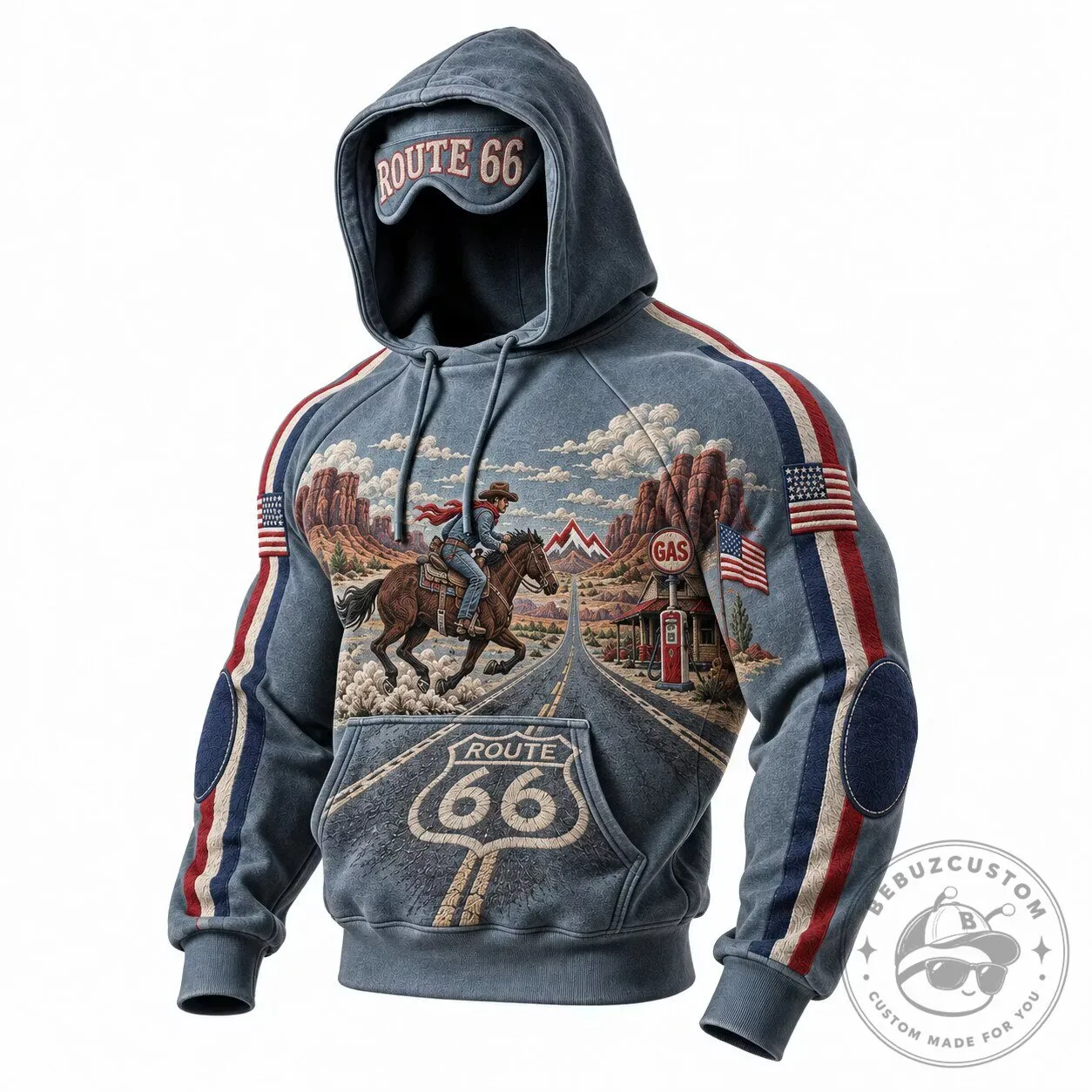 Route 66 Cowboy Riding Horse Gas Station American Flag Hoodie