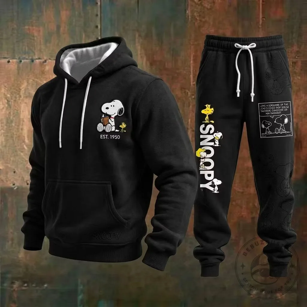 Snoopy Peanuts Comic Strip Black Hoodie and Jogger Pants Set