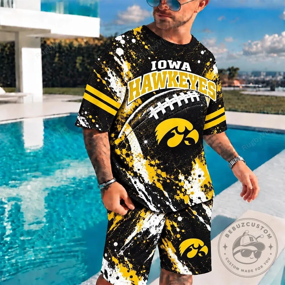 Iowa Hawkeyes Football Team Splatter Paint Black and Yellow T-Shirt and Shorts Set