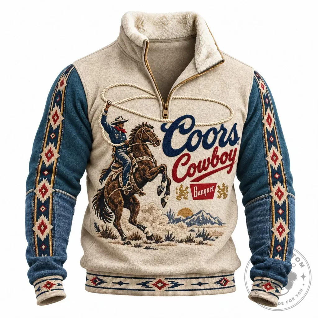 Coors Cowboy Banquet Western Rodeo Half-Zip Faux Fur Trim Sweatshirt Coors Cowboy Banquet Western Rodeo Half-Zip Faux Fur Trim Sweatshirt