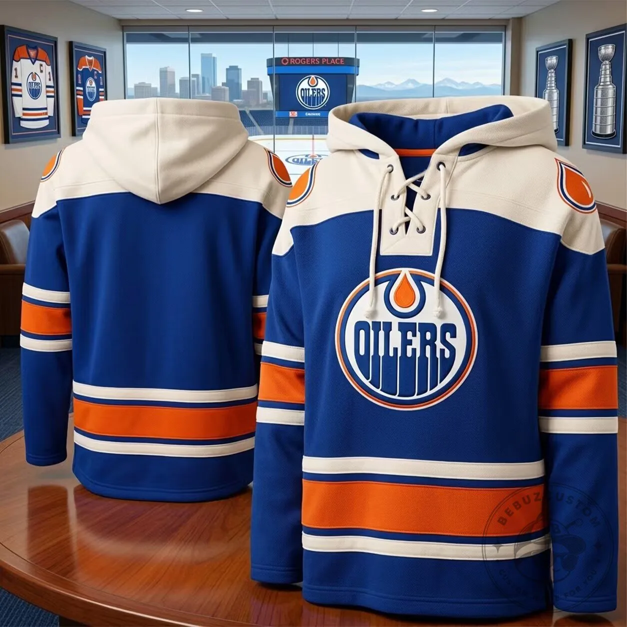 Edmonton Oilers Blue and Orange Striped Hooded Hockey Jersey