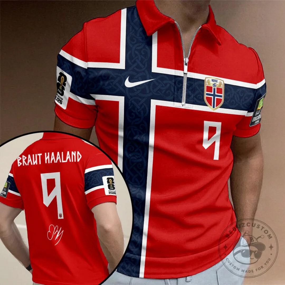 Norway National Football Team Erling Haaland Number 9 Zipper Polo Shirt