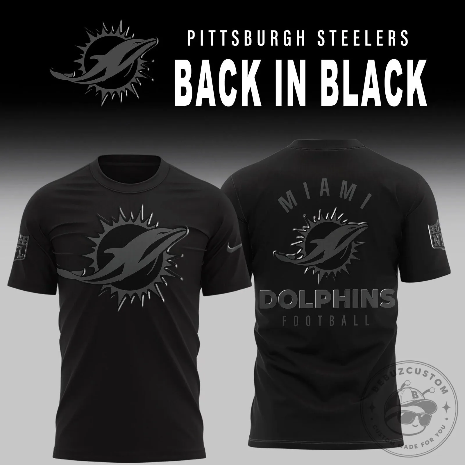 Miami Dolphins Black Football T-Shirt NFL Team Logo Apparel